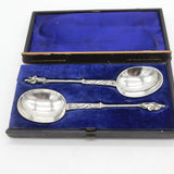 Victorian Boxed Pair Dutch Sterling Silver Apostle Serving Spoons 1845 Antique