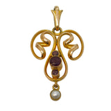 Edwardian 9ct Yellow Gold, Garnet & Pearl Set Lavalier Drop Pendant Antique c1910