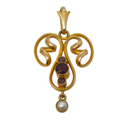 Edwardian 9ct Yellow Gold, Garnet & Pearl Set Lavalier Drop Pendant Antique c1910