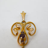 Edwardian 9ct Yellow Gold, Garnet & Pearl Set Lavalier Drop Pendant Antique c1910
