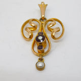 Edwardian 9ct Yellow Gold, Garnet & Pearl Set Lavalier Drop Pendant Antique c1910