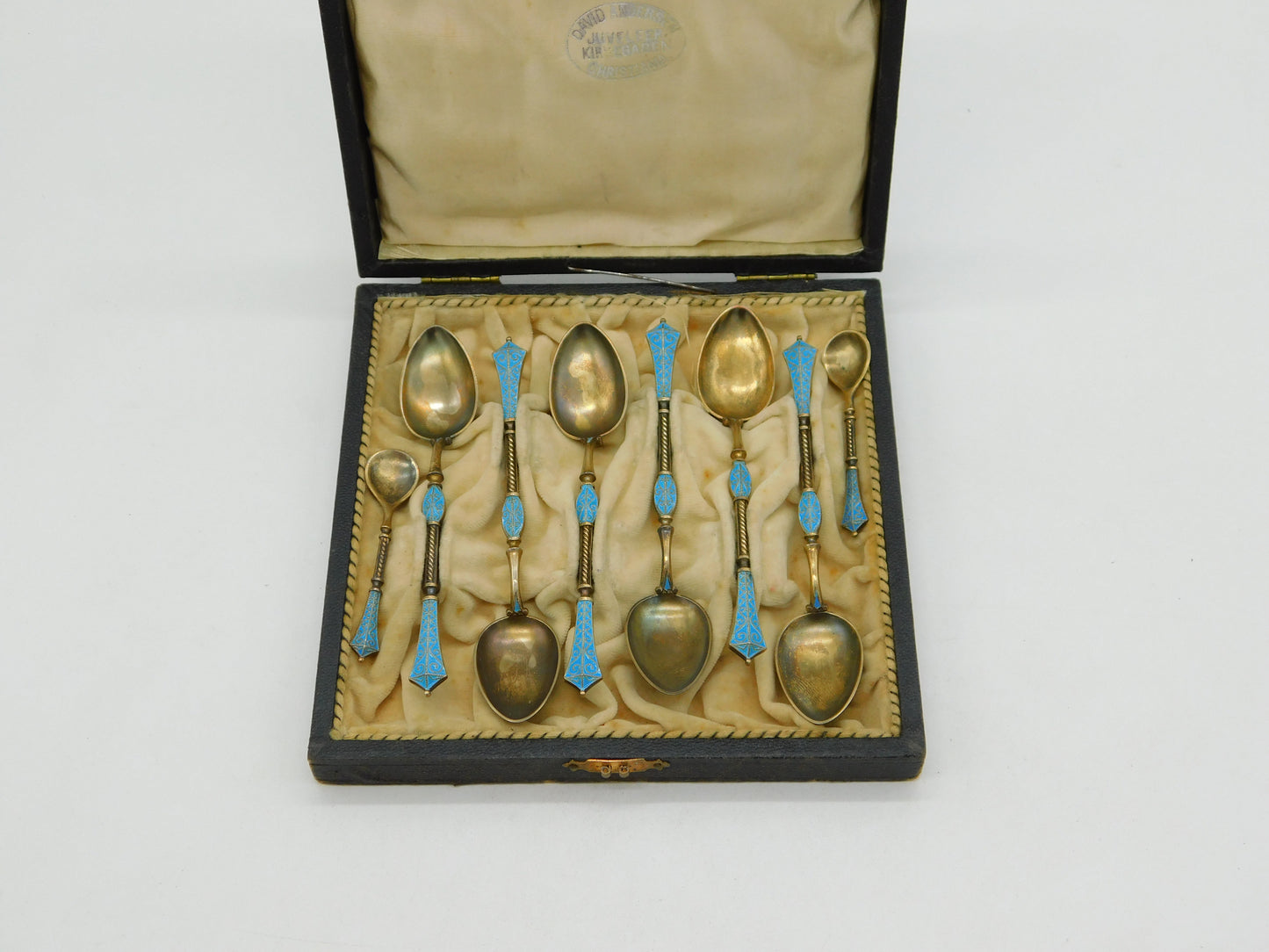 David Andersen Norway Boxed Sterling Silver Gilt Enamel Teaspoon Set Antique c1930