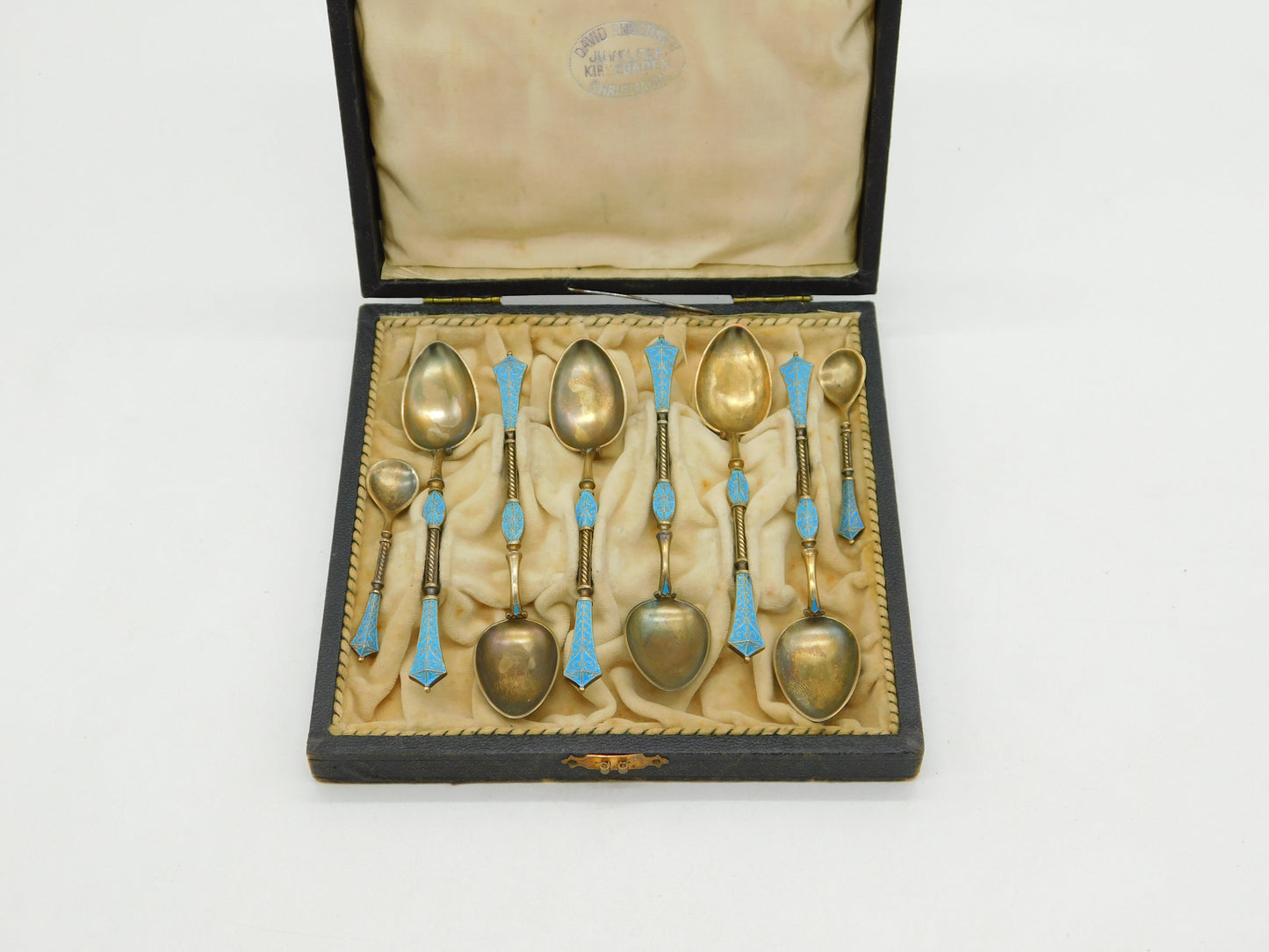 David Andersen Norway Boxed Sterling Silver Gilt Enamel Teaspoon Set Antique c1930
