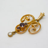 Edwardian 9ct Yellow Gold, Garnet & Pearl Set Lavalier Drop Pendant Antique c1910