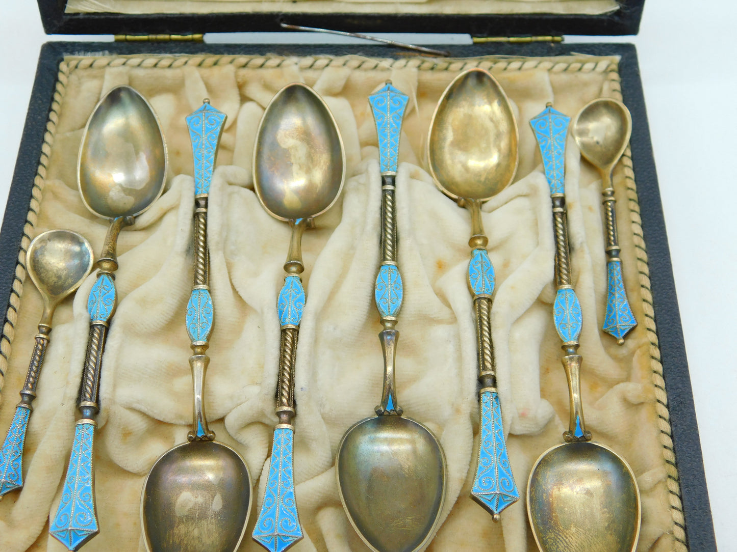 David Andersen Norway Boxed Sterling Silver Gilt Enamel Teaspoon Set Antique c1930