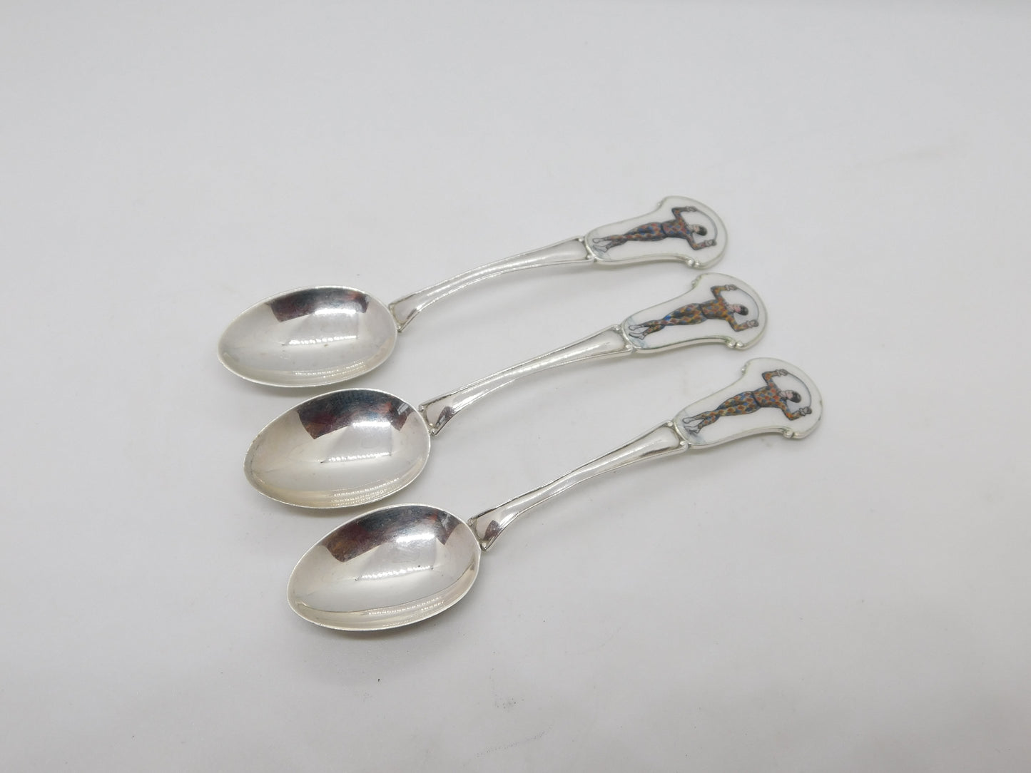 Sterling Silver Colourful Enamel Harlequins Souvenir Spoons Antique 1928 Deco