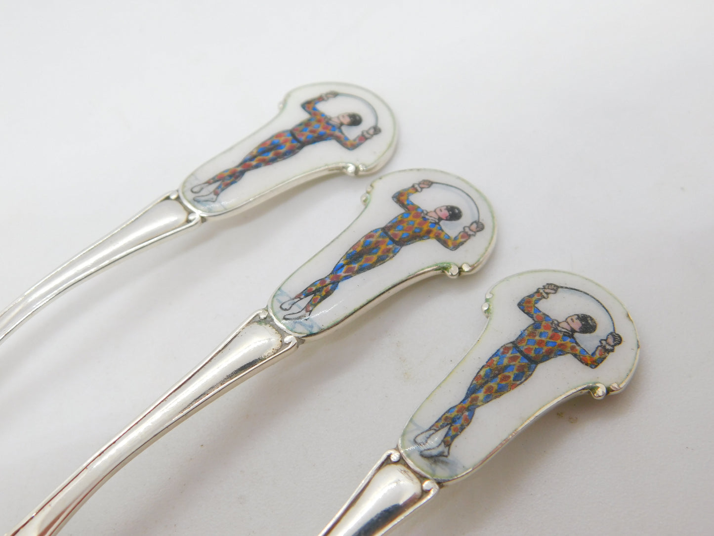 Sterling Silver Colourful Enamel Harlequins Souvenir Spoons Antique 1928 Deco