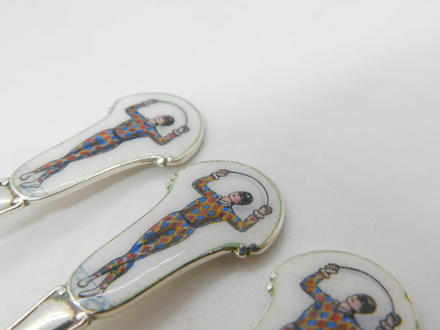 Sterling Silver Colourful Enamel Harlequins Souvenir Spoons Antique 1928 Deco