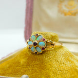 18ct Yellow Gold, Fire Opal & Ruby Floral Band Ring Antique 1912 Chester Deco