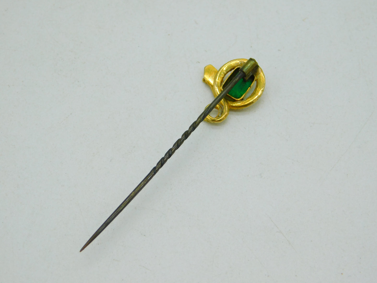 Victorian Boxed 18ct Yellow Gold & 0.5ct Emerald Snake Stick Pin Antique c1860