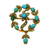 Edwardian 9ct Gold, Seed Pearl, Turquoise Floral Brooch Pendant Antique c1910