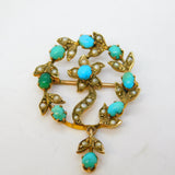 Edwardian 9ct Gold, Seed Pearl, Turquoise Floral Brooch Pendant Antique c1910