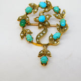 Edwardian 9ct Gold, Seed Pearl, Turquoise Floral Brooch Pendant Antique c1910