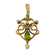 Edwardian 9ct Gold, Peridot, Seed Pearl Lavalier Drop Pendant Antique c1910