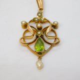 Edwardian 9ct Gold, Peridot, Seed Pearl Lavalier Drop Pendant Antique c1910