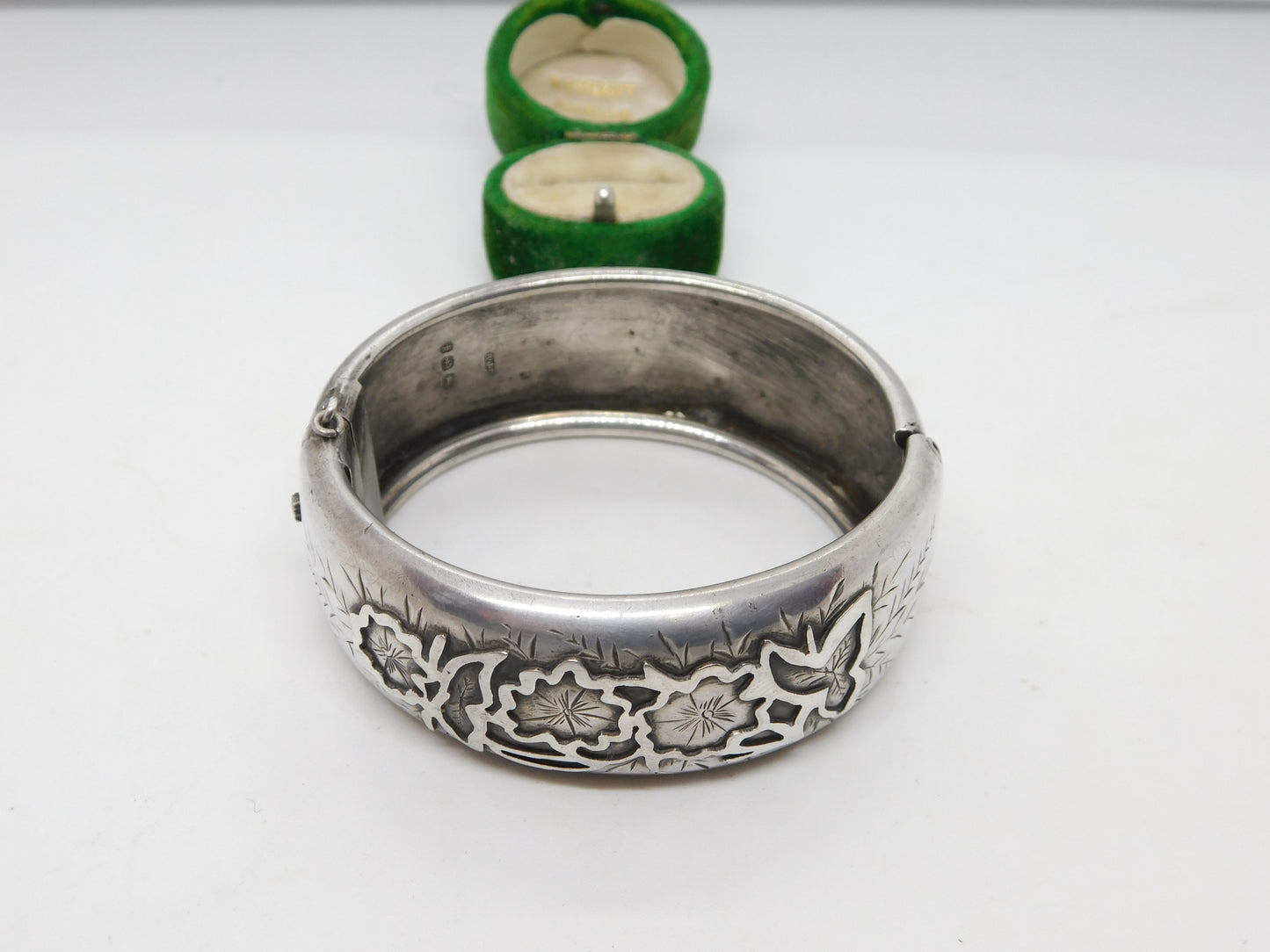 Victorian Aesthetic Sterling Silver Floral Cuff Bangle Antique 1884 Birmingham