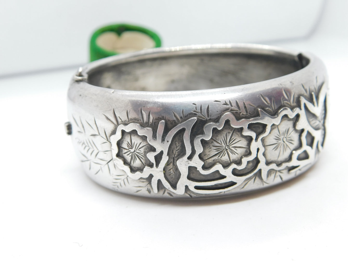 Victorian Aesthetic Sterling Silver Floral Cuff Bangle Antique 1884 Birmingham