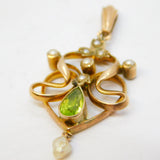 Edwardian 9ct Gold, Peridot, Seed Pearl Lavalier Drop Pendant Antique c1910