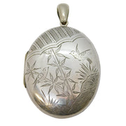 Victorian Aesthetic Large Sterling Silver Swallow Locket Pendant Antique c1880