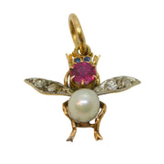 Victorian 15ct Gold, Ruby, Diamond, Sapphire, Pearl Set Bug Pendant Antique c1860
