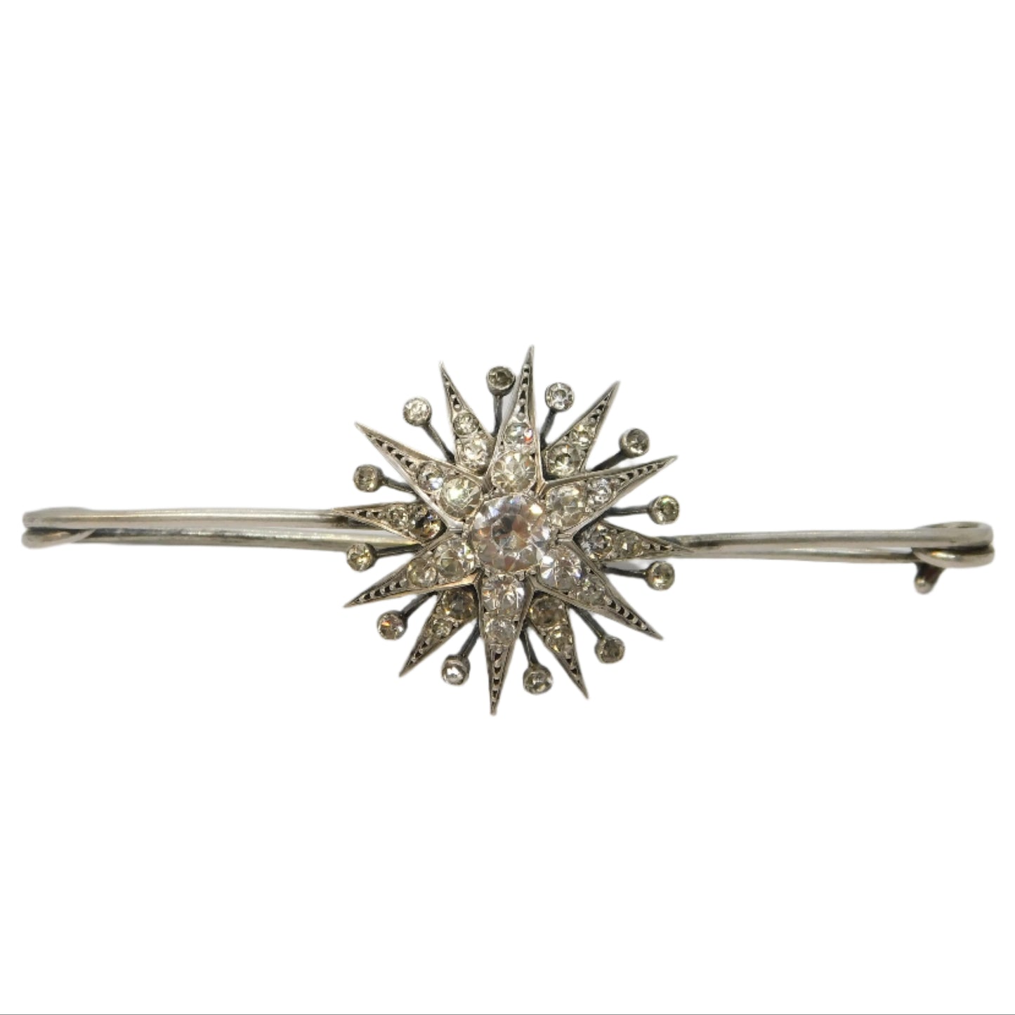 19th Century .900 Silver Spinel Set Starburst Sweetheart Brooch Antique c1860