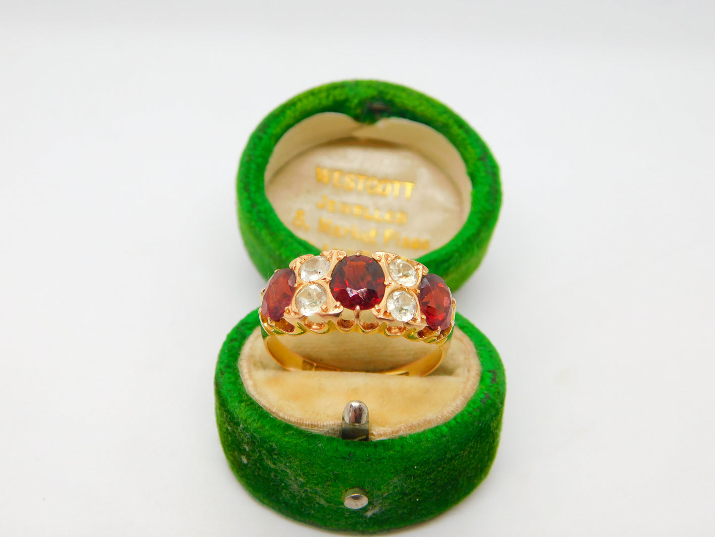 Edwardian 15ct Gold, Garnet & White Sapphire Boat Ring Antique 1908 Chester