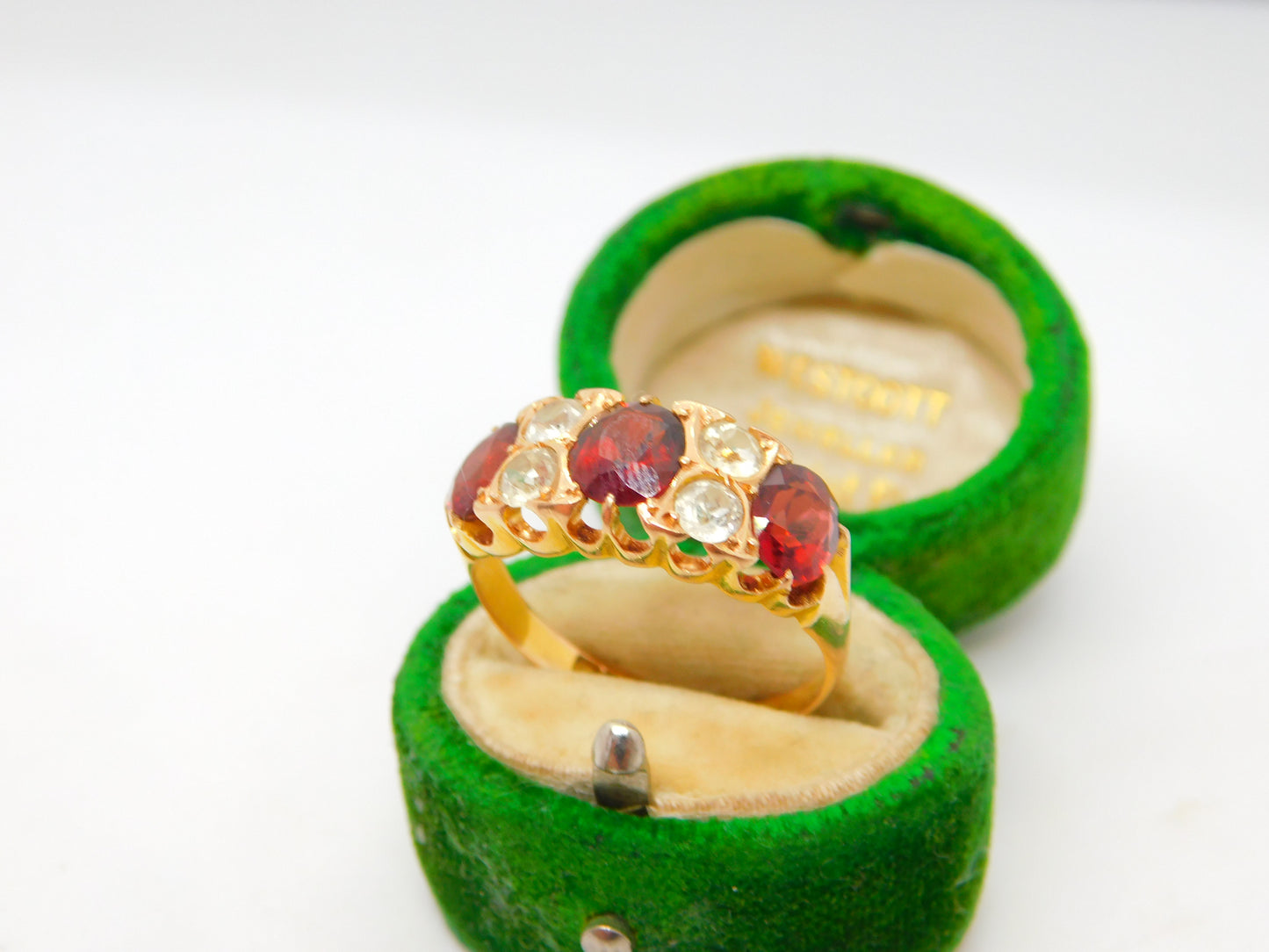 Edwardian 15ct Gold, Garnet & White Sapphire Boat Ring Antique 1908 Chester