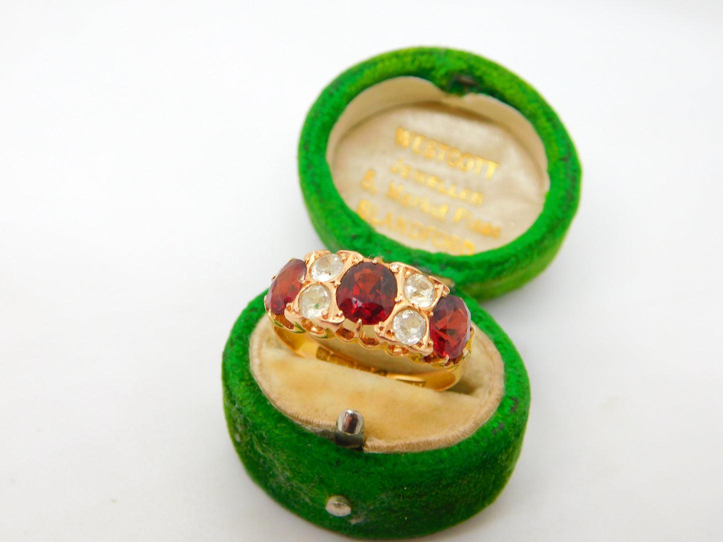 Edwardian 15ct Gold, Garnet & White Sapphire Boat Ring Antique 1908 Chester