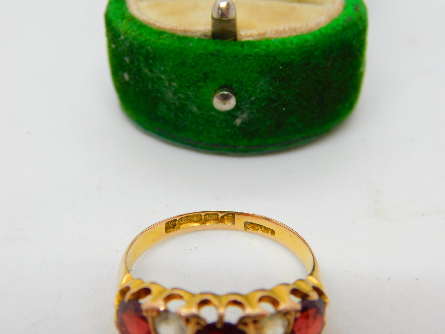 Edwardian 15ct Gold, Garnet & White Sapphire Boat Ring Antique 1908 Chester