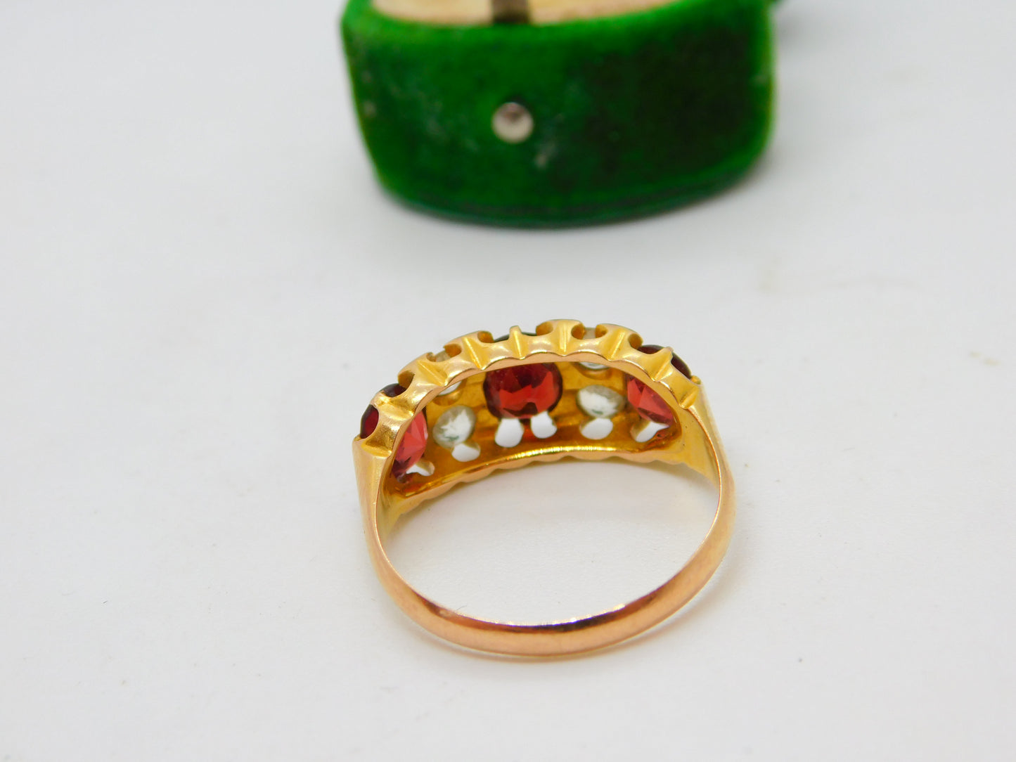 Edwardian 15ct Gold, Garnet & White Sapphire Boat Ring Antique 1908 Chester