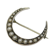 Victorian Sterling Silver Graduating Pearl Crescent Brooch Antique c1880