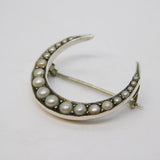 Victorian Sterling Silver Graduating Pearl Crescent Brooch Antique c1880