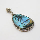 TLM Sterling Silver Morpho Butterfly Wing Set Island Drop Pendant Antique c1920