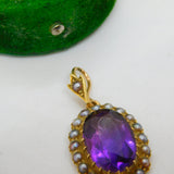 Victorian 18ct Gold, Amethyst & Seed Pearl Set Drop Pendant Antique c1880