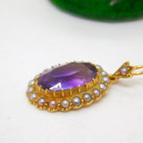 Victorian 18ct Gold, Amethyst & Seed Pearl Set Drop Pendant Antique c1880