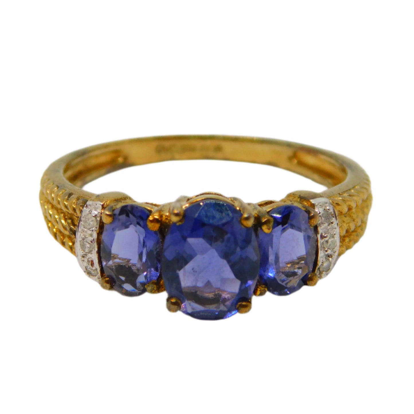 9ct Yellow Gold, Tanzanite & Diamond Three-Stone Ring Vintage 2000 Birmingham