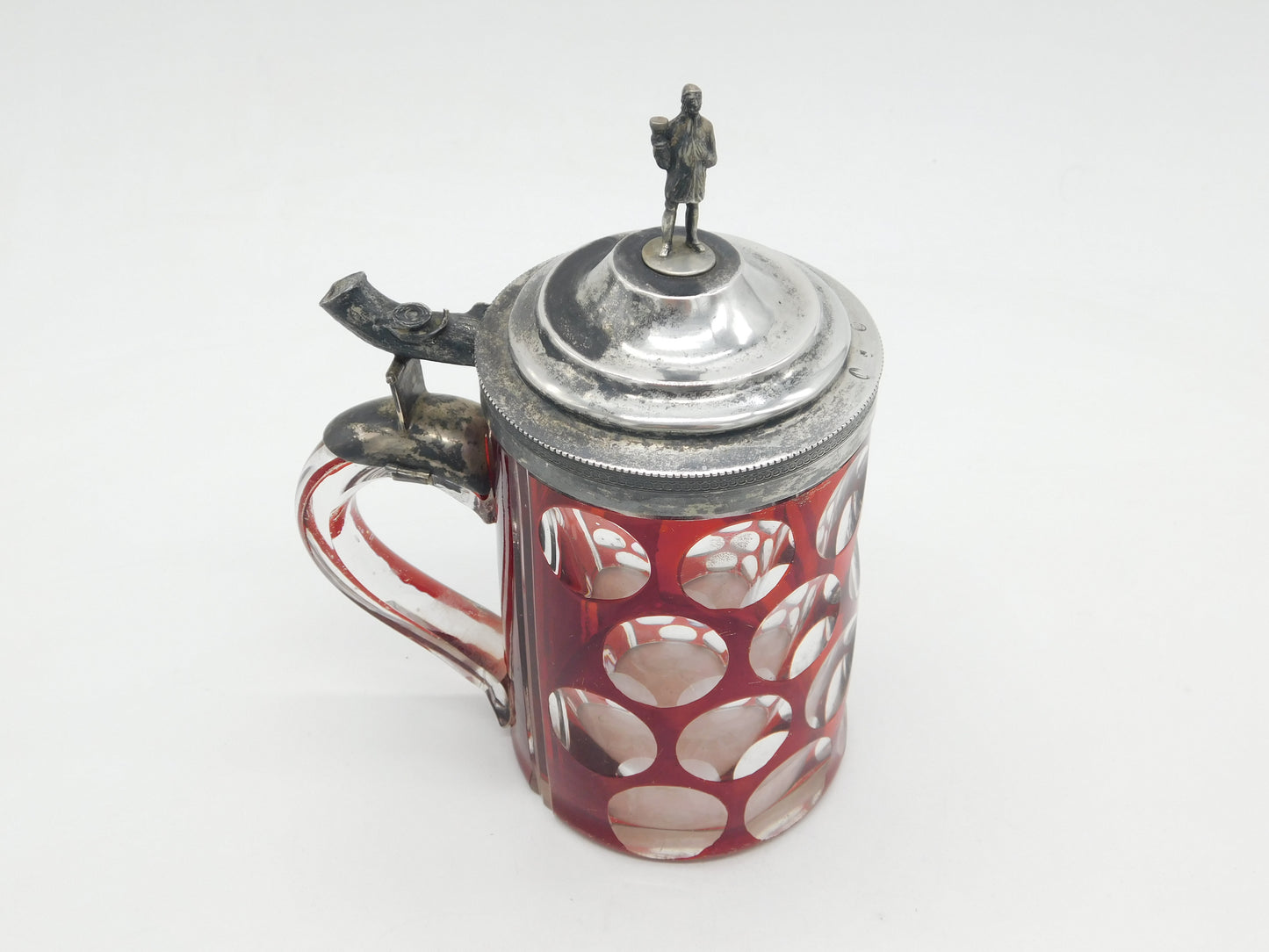 19th Century Danish Sterling Silver Topped Ruby Cut Glass Stein Antique c1850 Copenhagen