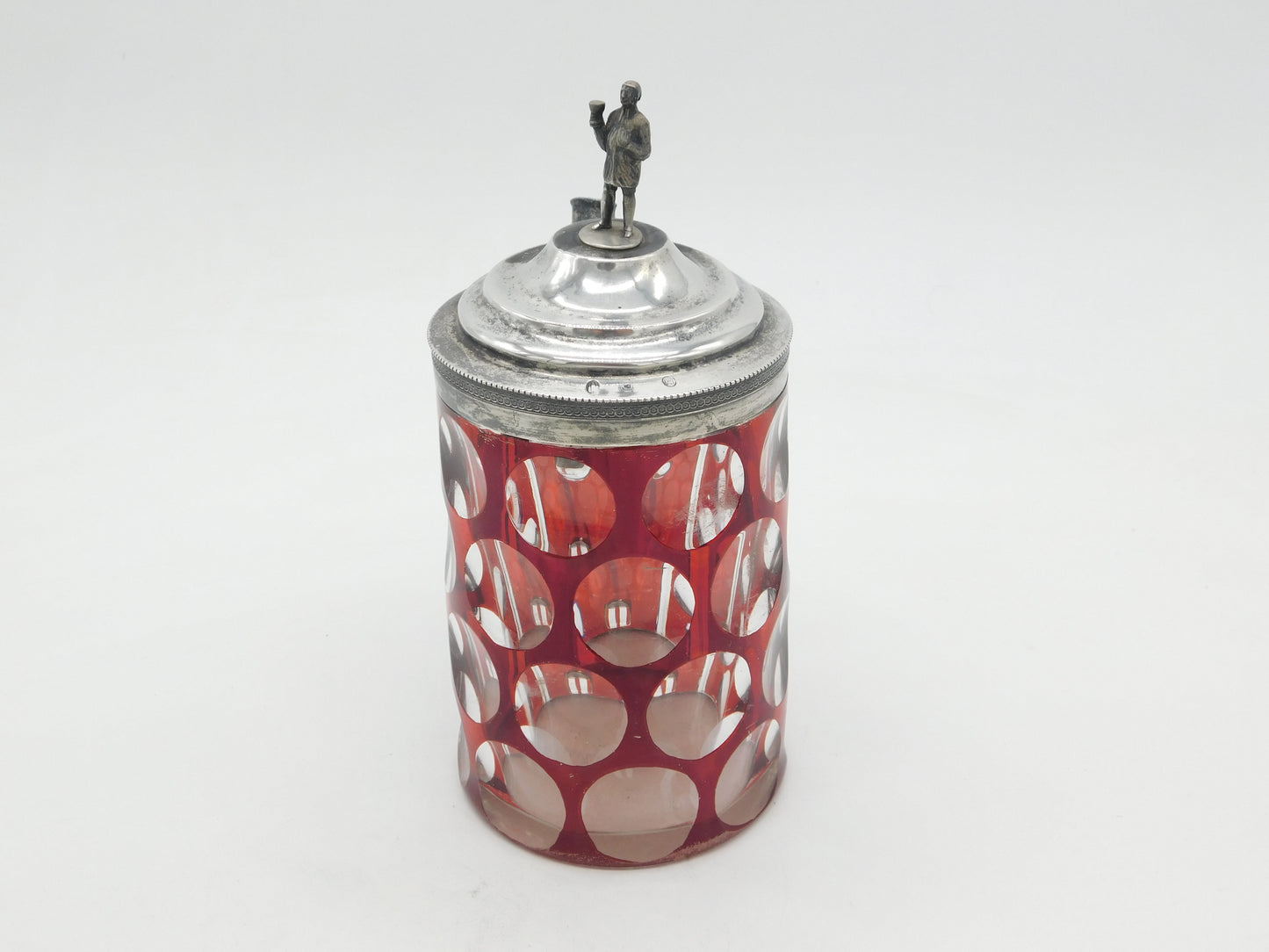19th Century Danish Sterling Silver Topped Ruby Cut Glass Stein Antique c1850 Copenhagen