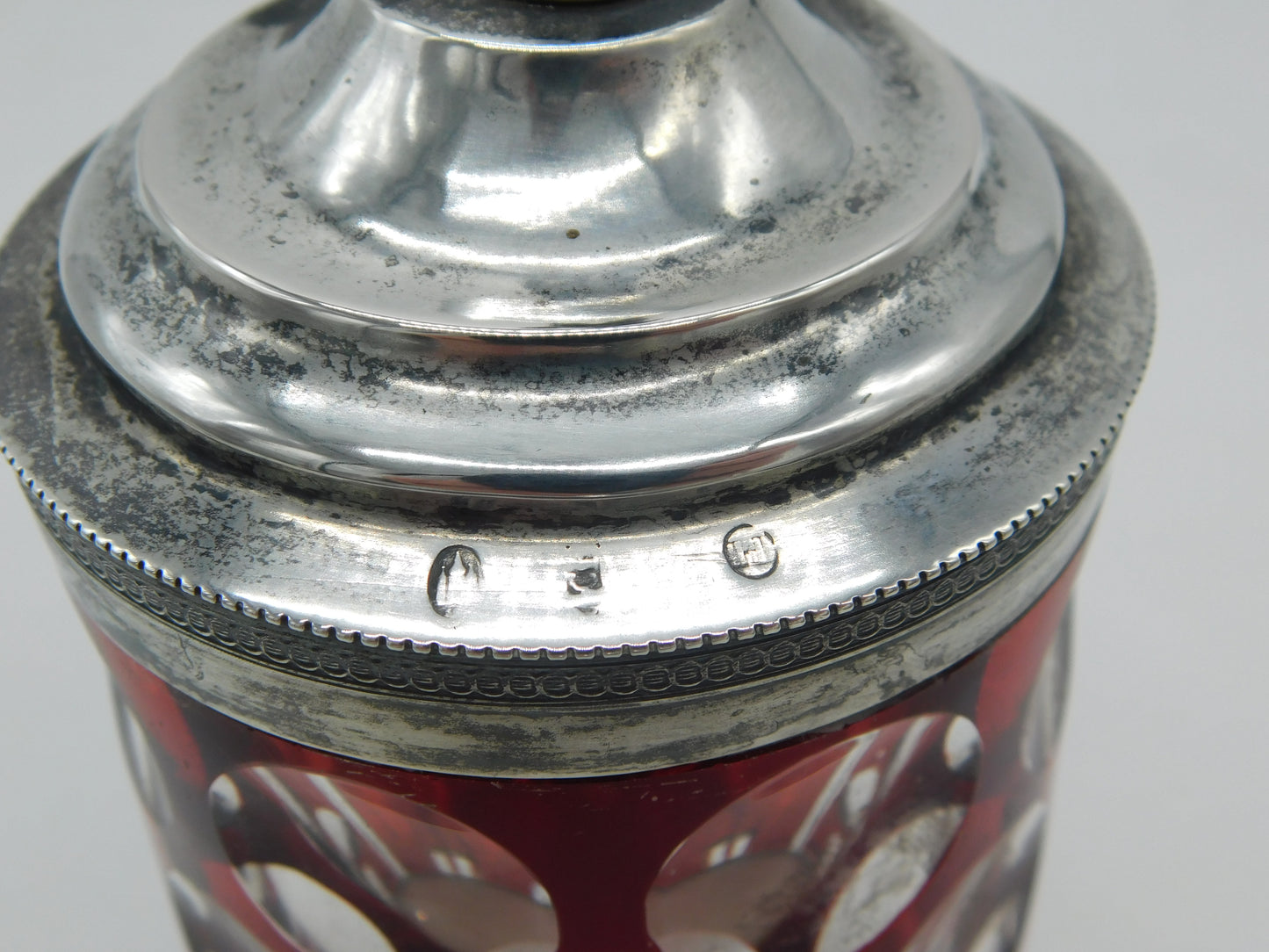 19th Century Danish Sterling Silver Topped Ruby Cut Glass Stein Antique c1850 Copenhagen
