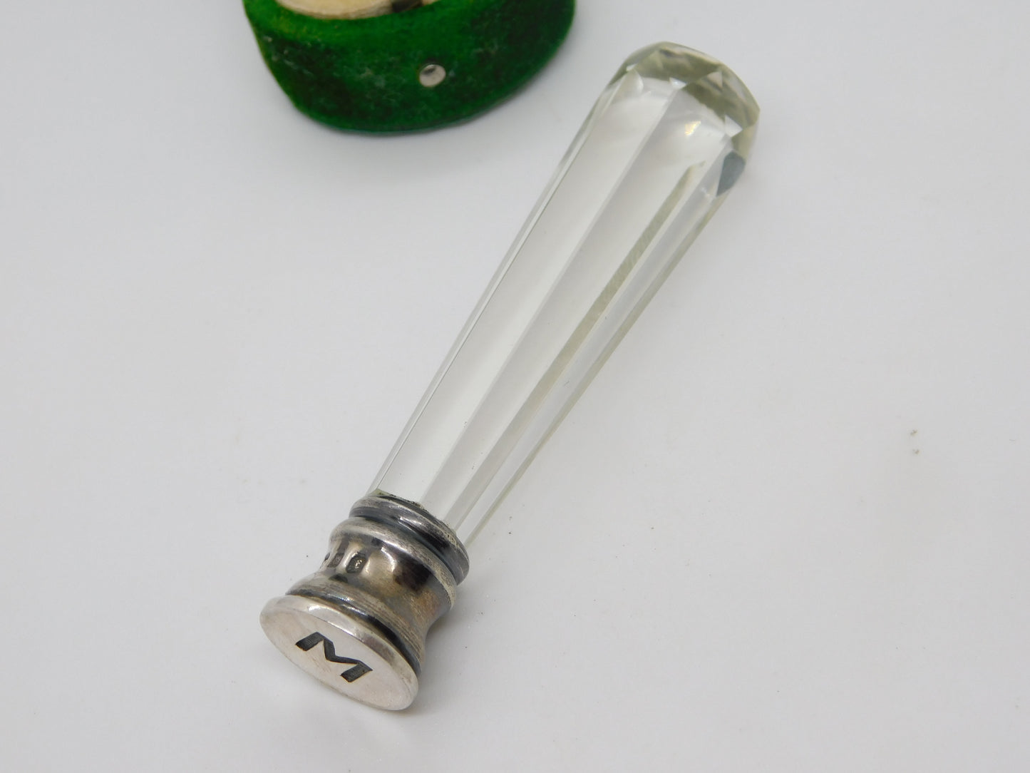 Carved Rock Crystal Sterling Silver 'M' Initial Desk Seal Antique 1921 London