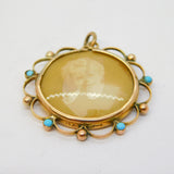 9ct Yellow Gold, Turquoise, Pearl Set Floral Portrait Pendant Antique c1910