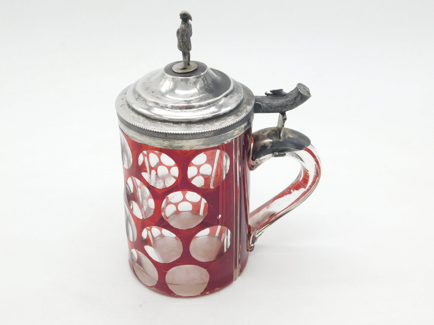 19th Century Danish Sterling Silver Topped Ruby Cut Glass Stein Antique c1850 Copenhagen