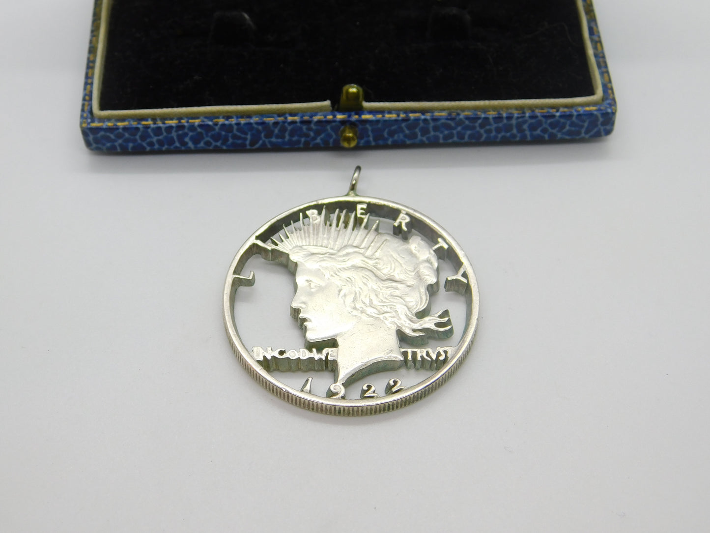 American .900 Grade Silver Peace Dollar Pierced Fob Pendant Antique 1922