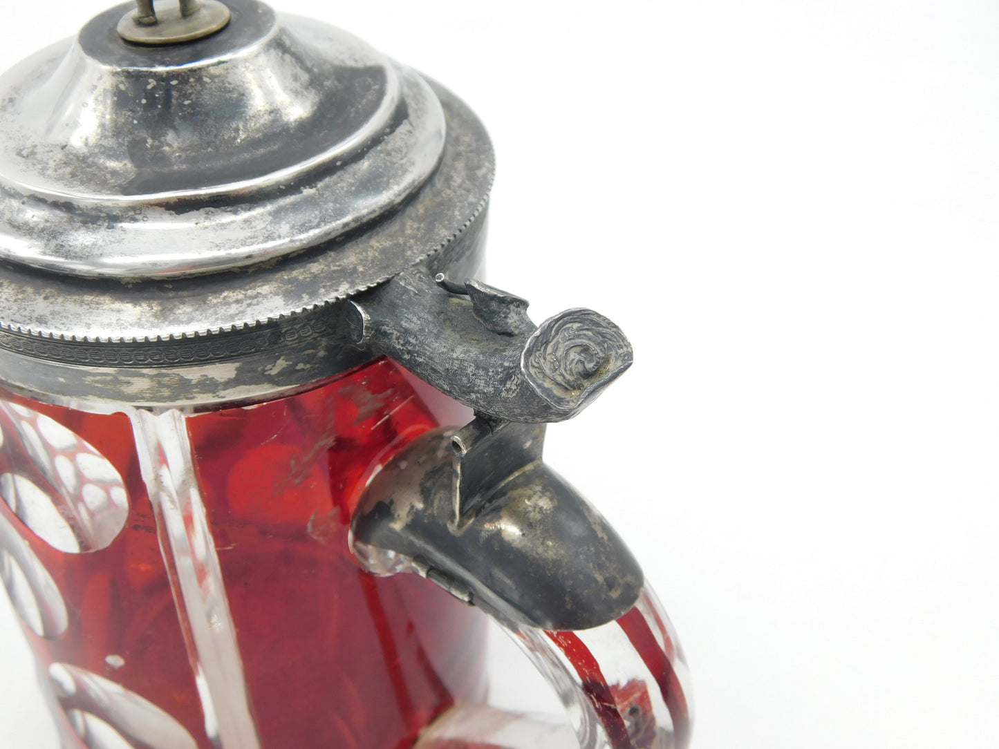 19th Century Danish Sterling Silver Topped Ruby Cut Glass Stein Antique c1850 Copenhagen