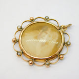 9ct Yellow Gold, Turquoise, Pearl Set Floral Portrait Pendant Antique c1910
