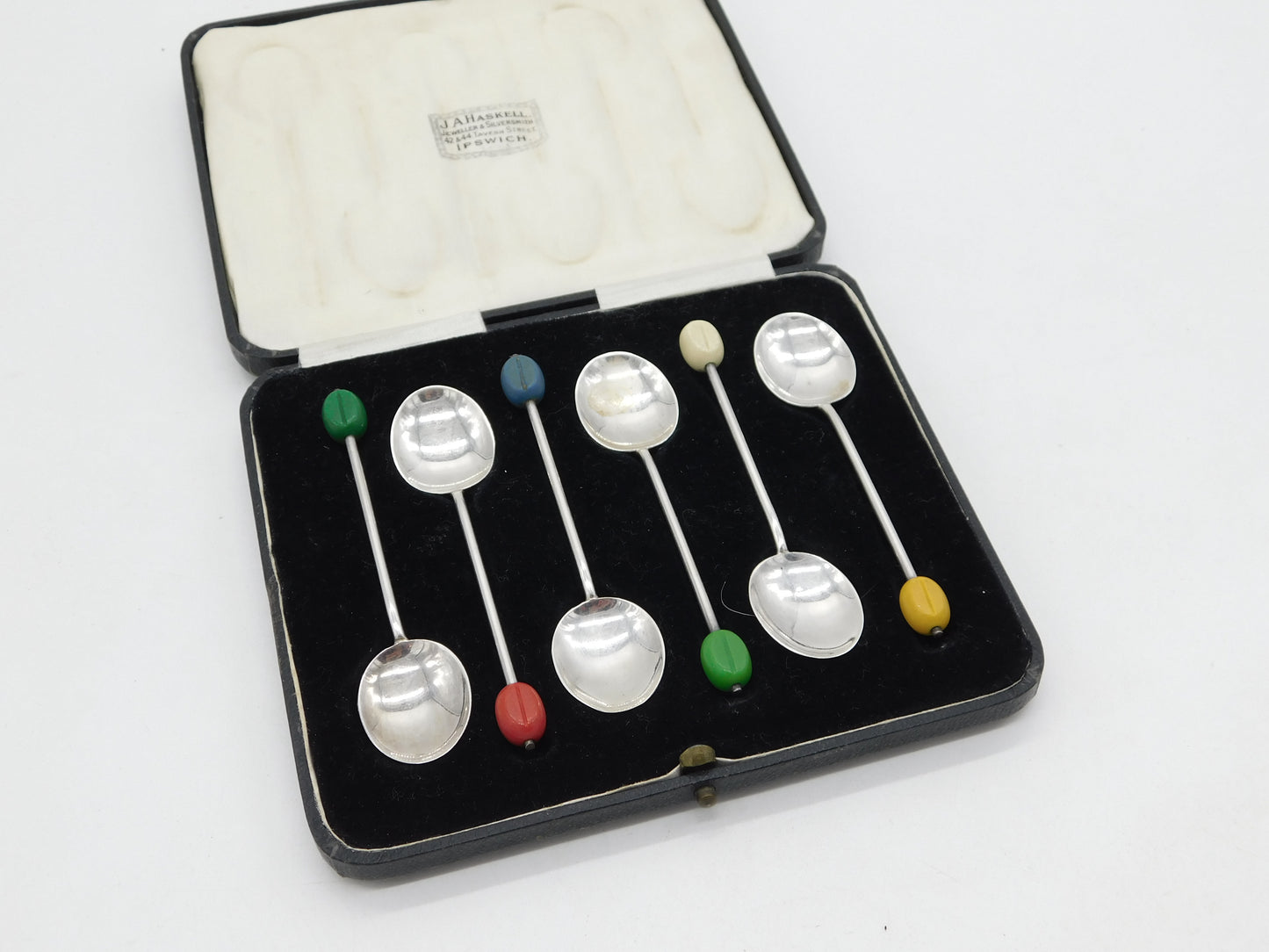 Boxed Set of Sterling Silver Bean Terminal Coffee Spoons Antique 1936 Birmingham