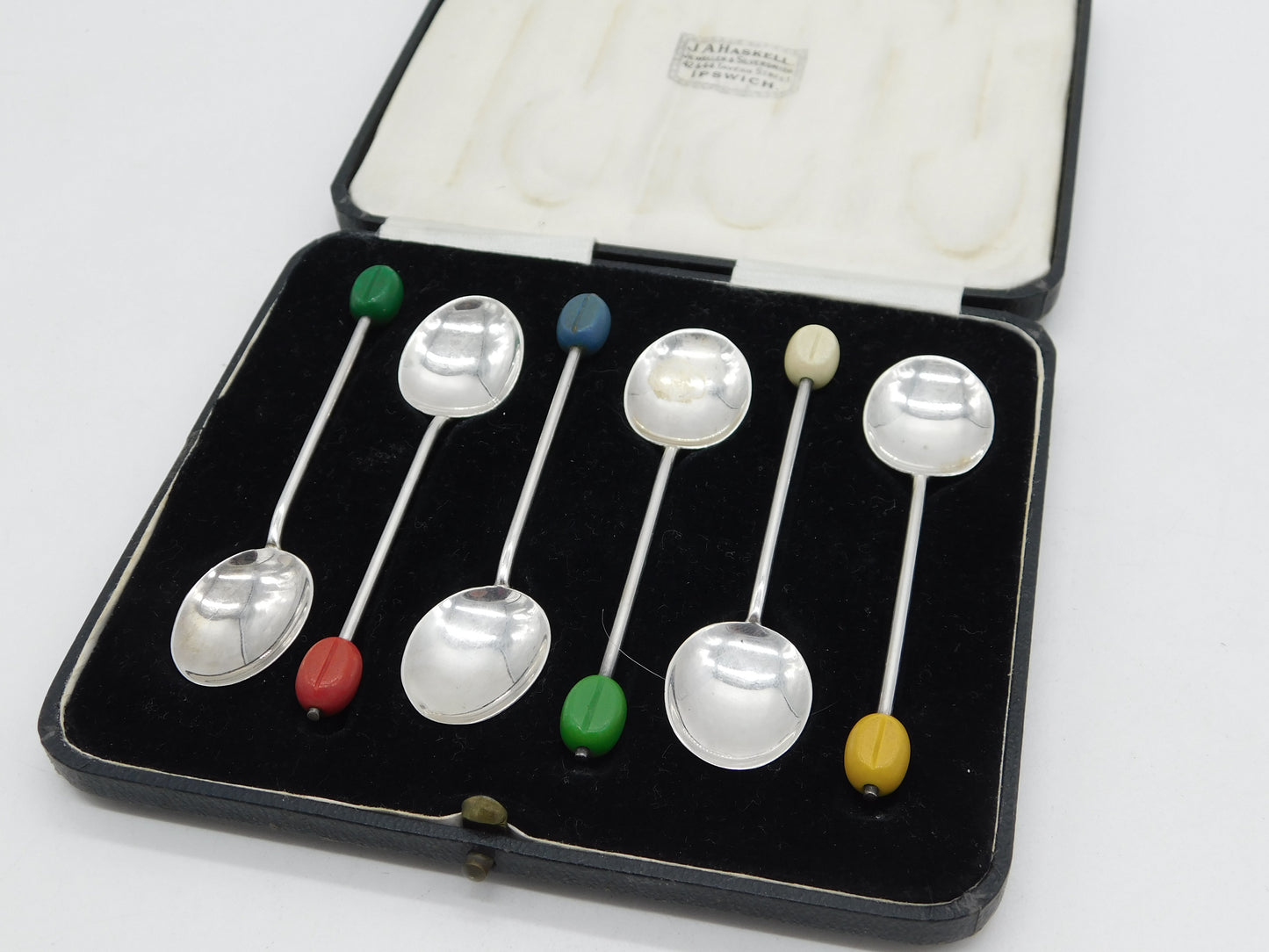Boxed Set of Sterling Silver Bean Terminal Coffee Spoons Antique 1936 Birmingham