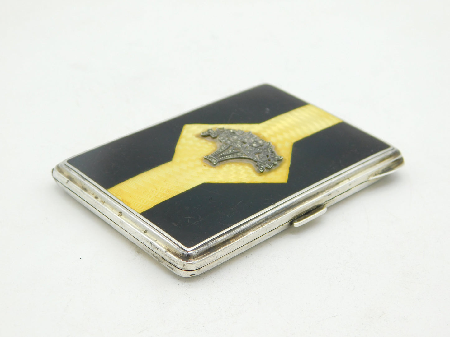 Sterling Silver, Yellow-Black Enamel, Marcasite Ladies Cigarette Case Antique 1930 London