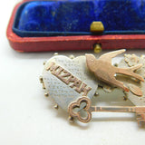 9ct Rose Gold & Sterling Silver Mizpah Swallow Brooch Antique 1910 Edwardian