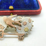 9ct Rose Gold & Sterling Silver Mizpah Swallow Brooch Antique 1910 Edwardian